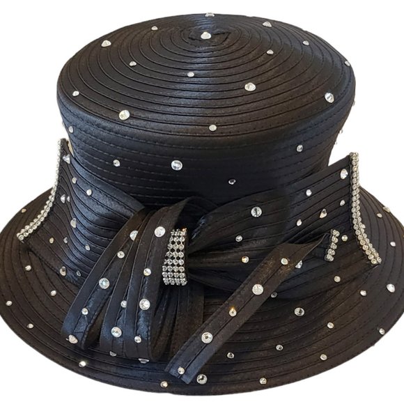 Beautifu dressy designer couture special occasion satin ribbon hat church Black